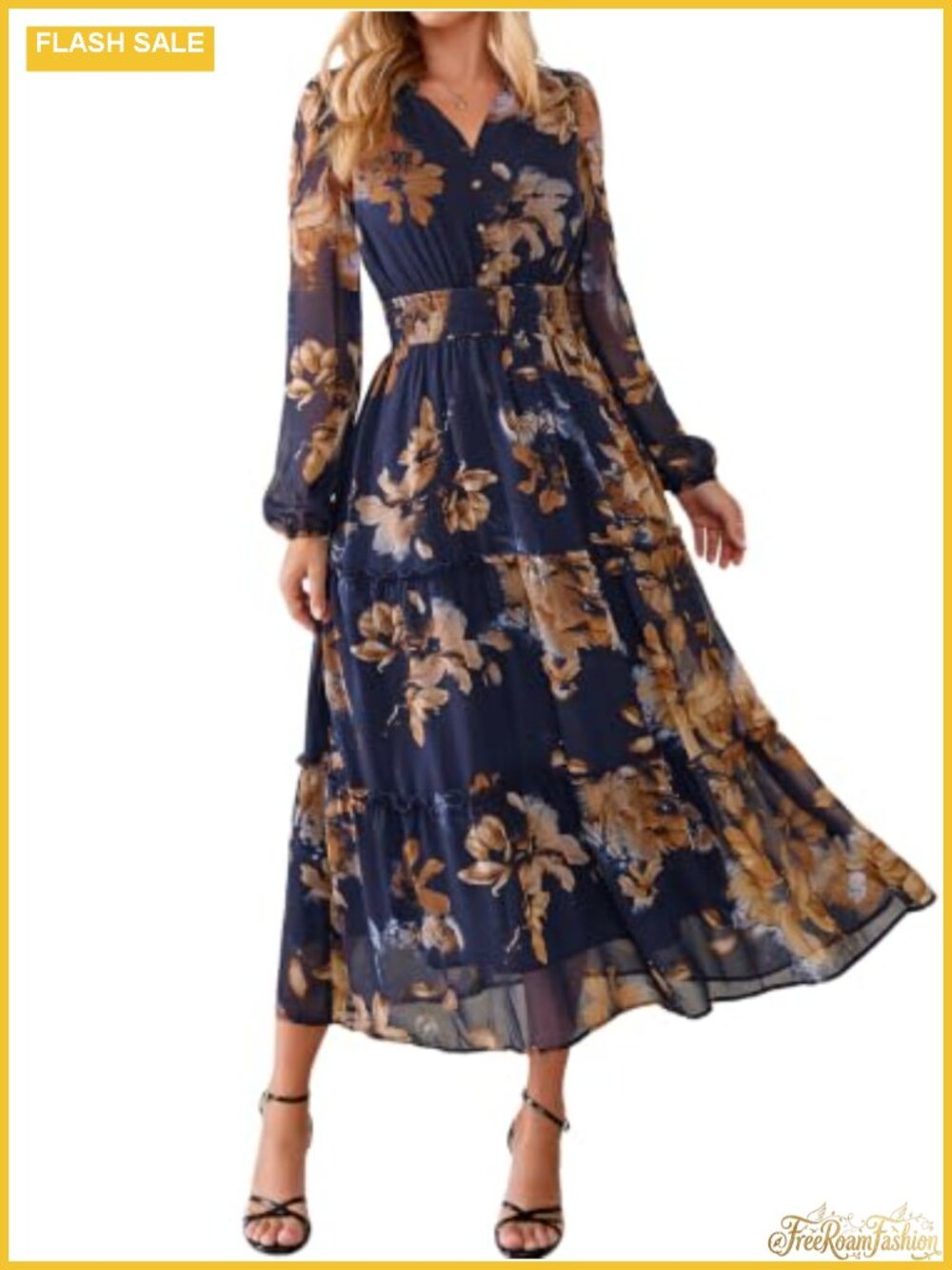 Womens Floral Chiffon Maxi Dress Long Sleeve V Neck Flowy Wedding Guest